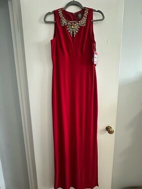 Embellished Vince Camuto Red Evening Gown - Sleeveless Formal Dress